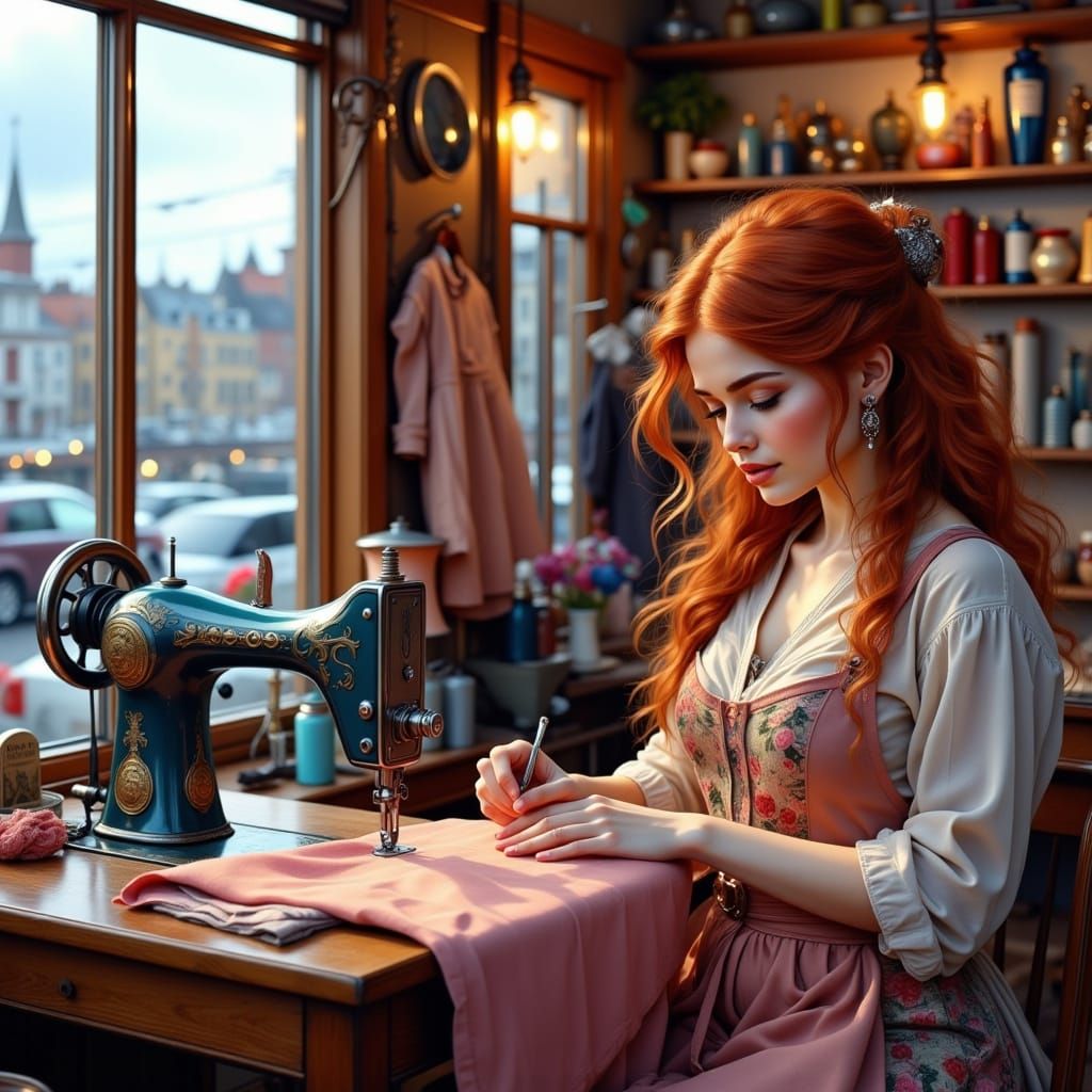 Seamstress in Charming Shop, Whimsical Illustration