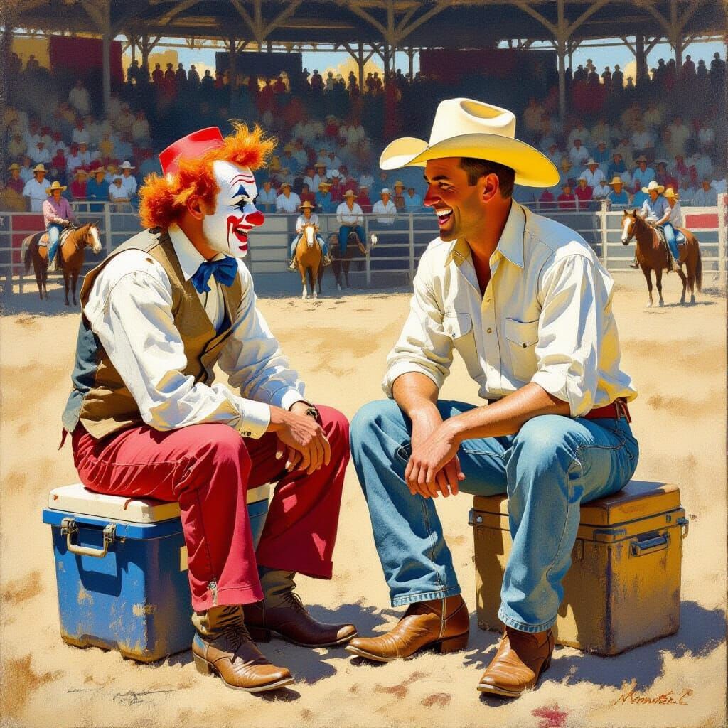 Impressionistic Oil Painting: Cowboy Tells Story to Clown at...