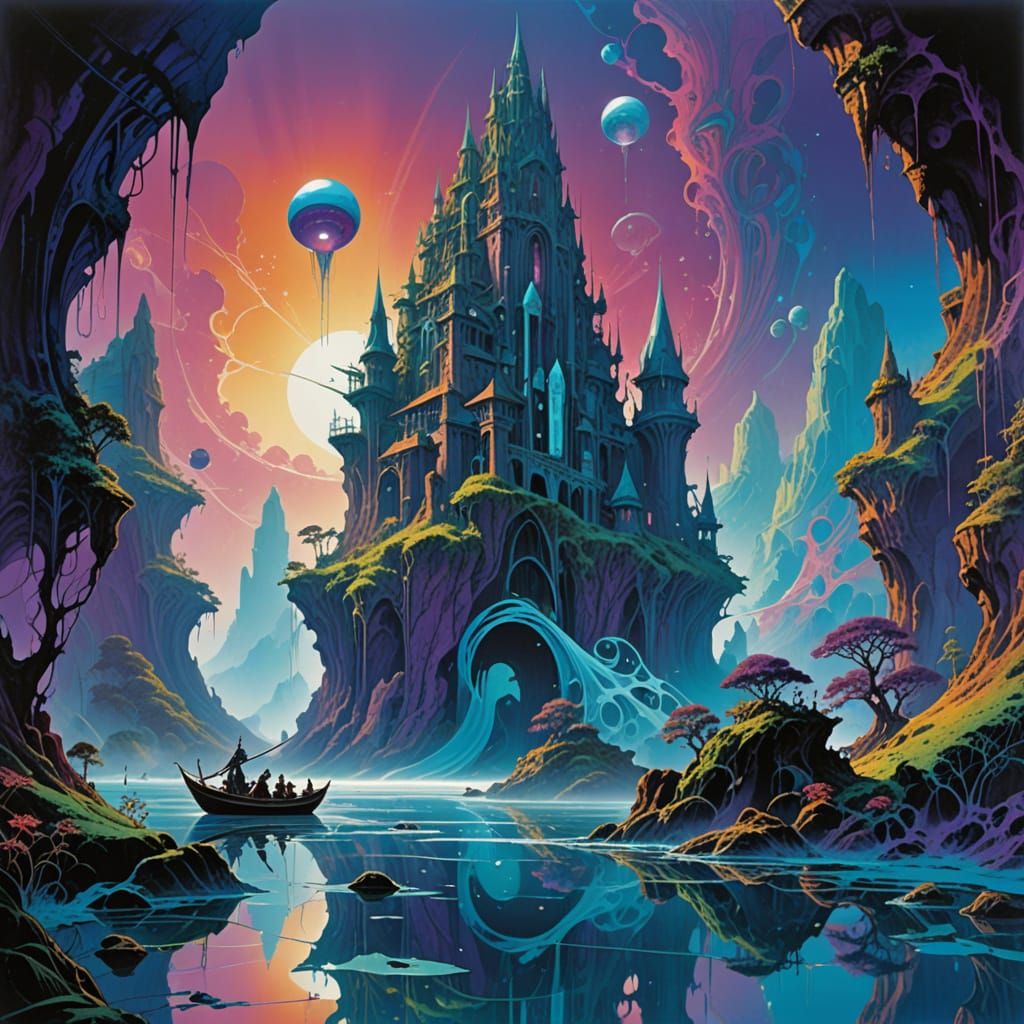 Dreamlike Fishermen Sail on an Ethereal River