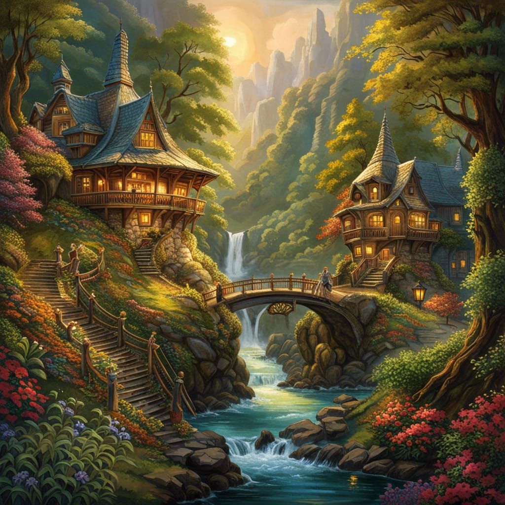 Enchanted Elven Kingdom with Waterfalls in Digital Painting ...