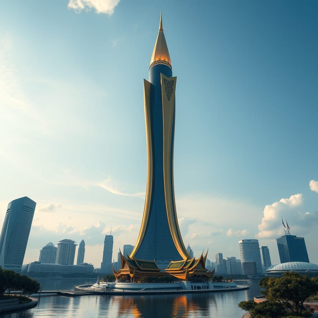 Surreal, Futuristic Thai Tower in Cyberpunk Style