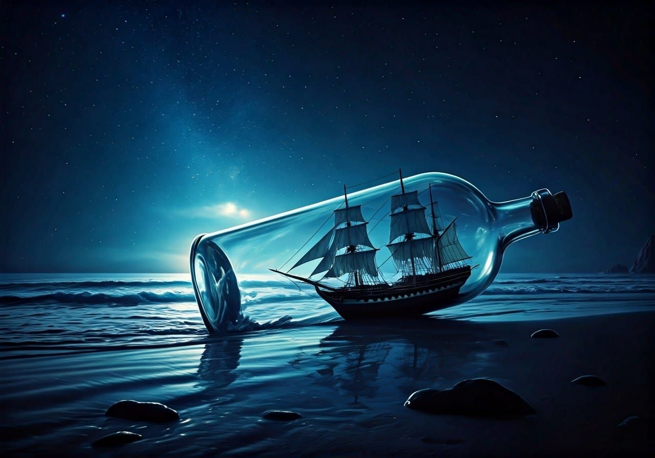 Epic Ship in a Bottle Scene Unfolds on a Moonlit Beach