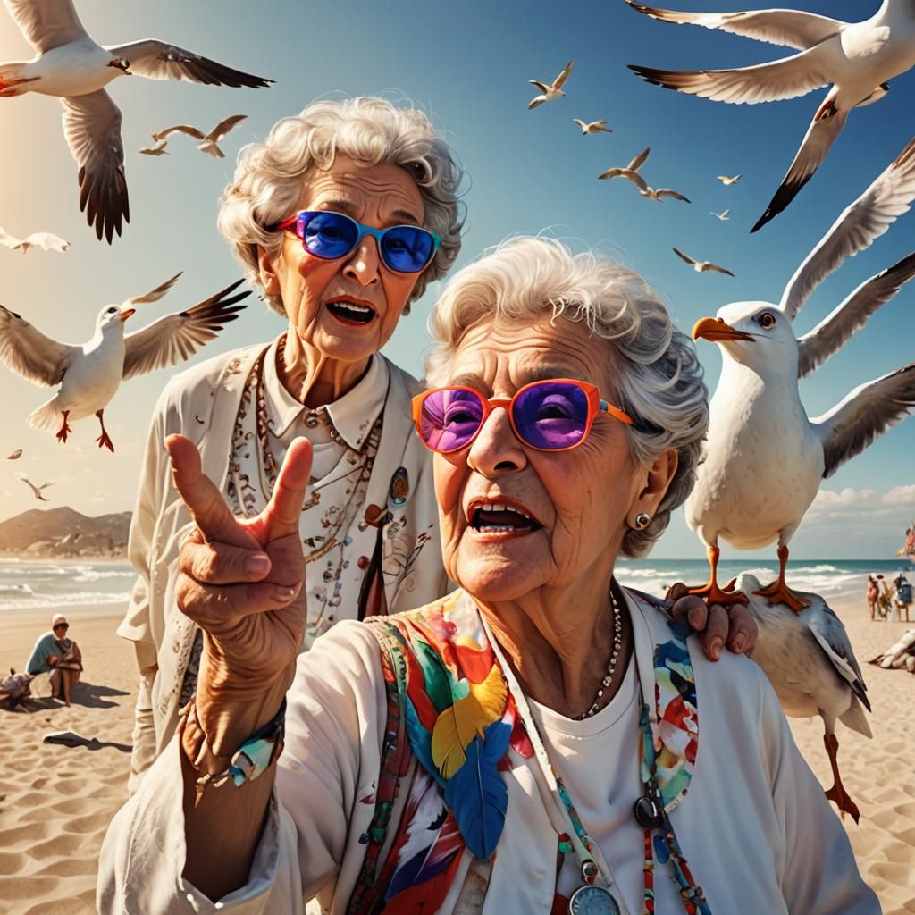 Grandma's Shocking Selfie with Seagull: Matte Painting