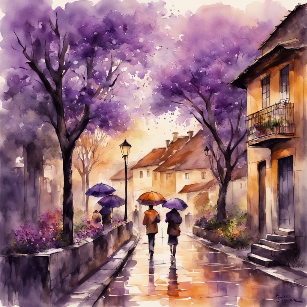 Vintage Ink and Watercolor of Jacaranda Trees in Spring Rain