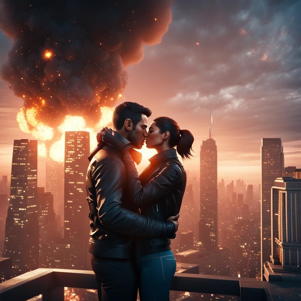 Romantic Kiss Amidst Explosions: Cinematic 3D Render