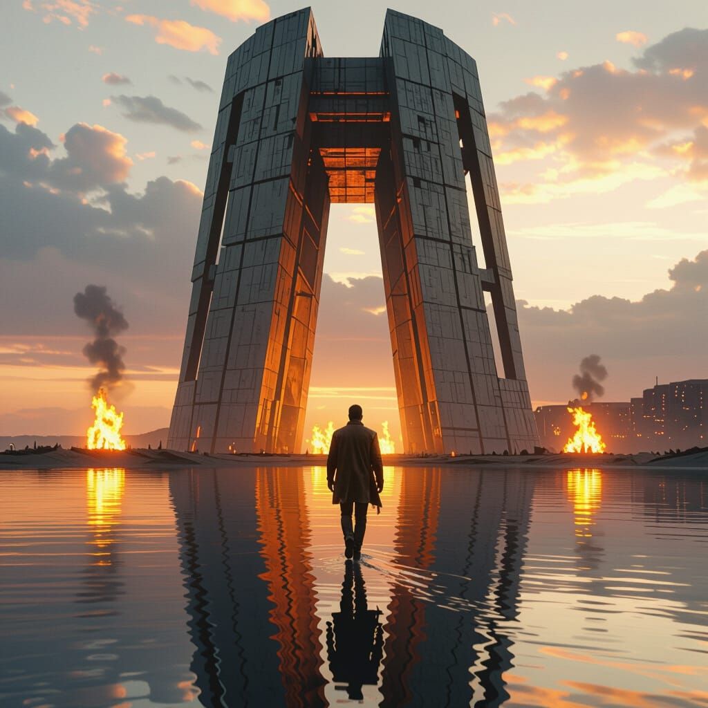 Dystopian Walker: Mirrored Water and Futuristic Ruins
