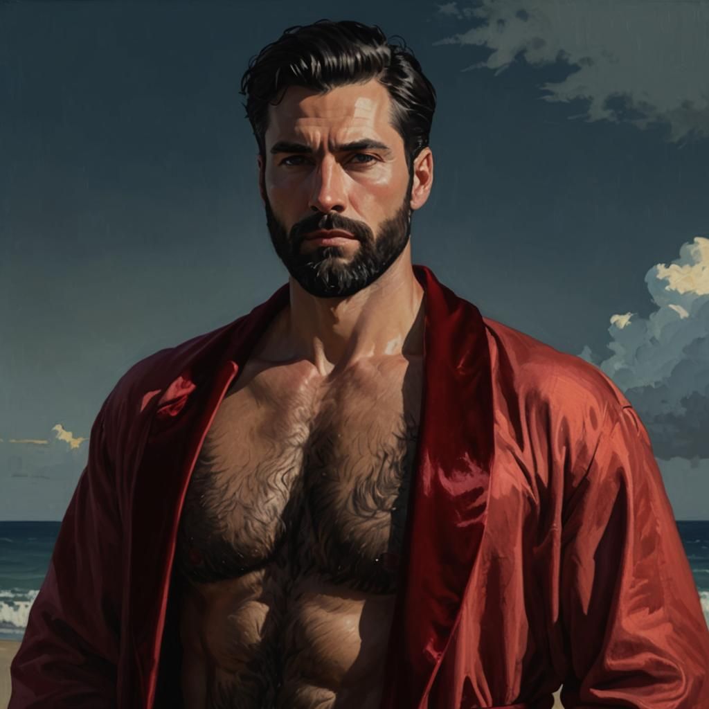 Bearded Man in Red Robe, Gouache Impressionist Style