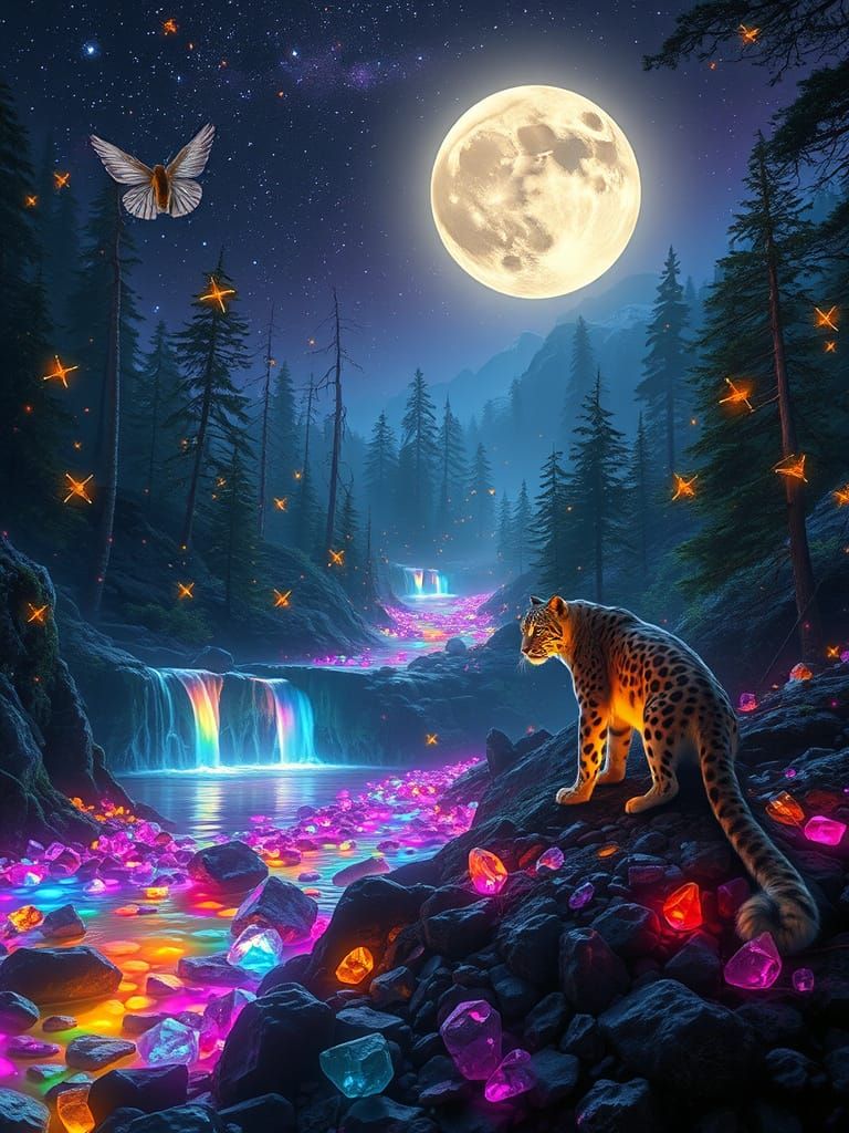Ethereal Snow Leopards in a Bioluminescent Forest