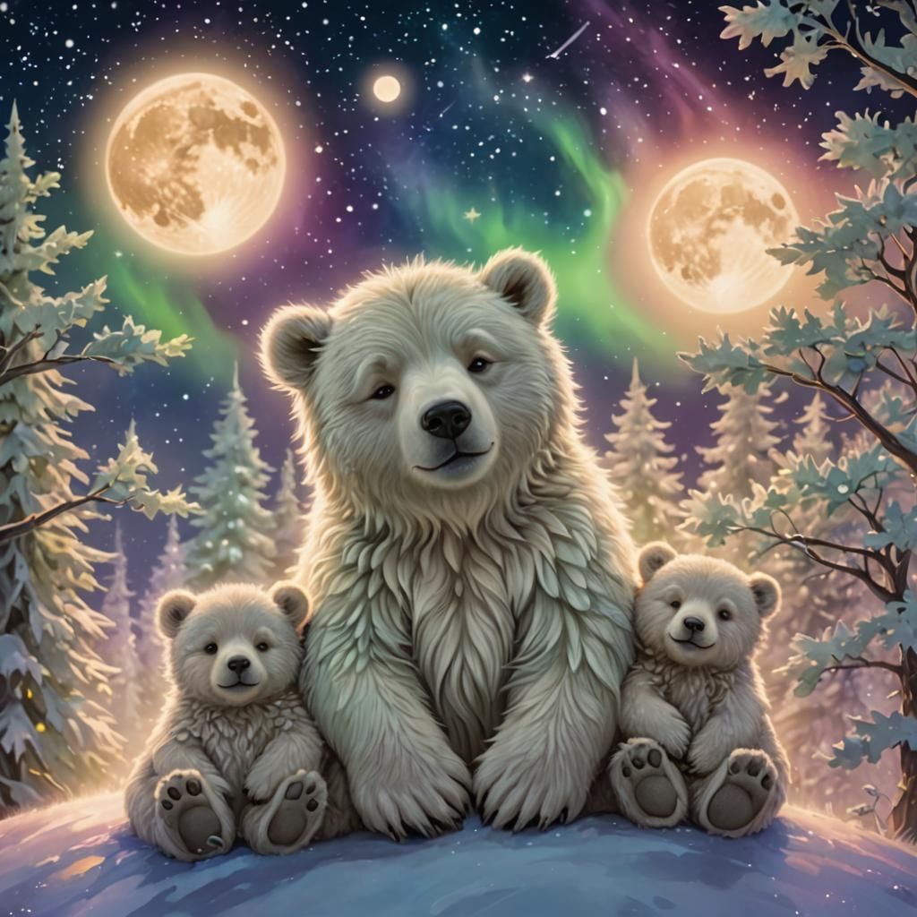 Chibi Bears Sleeping on Bioluminescent Moon