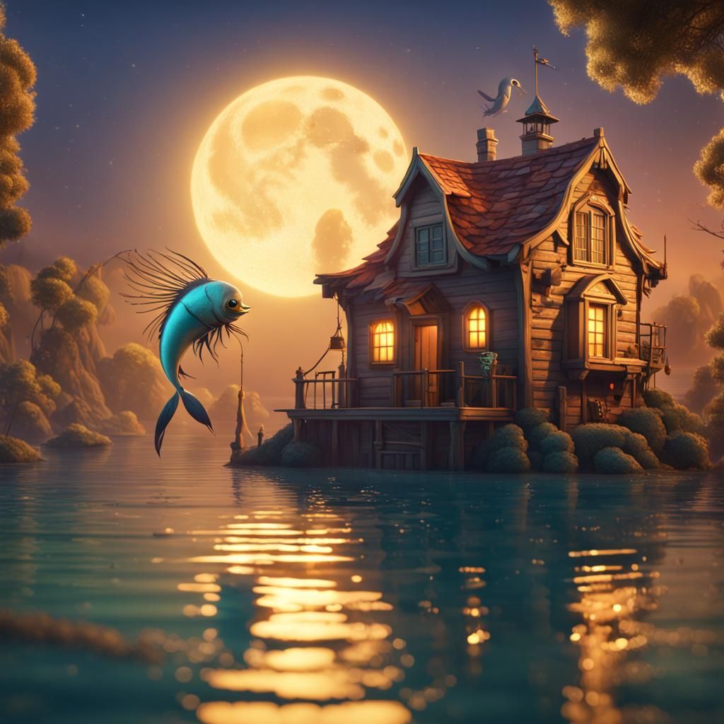 Golden Pirate House and Winged Shrimp: 3D Digital Art