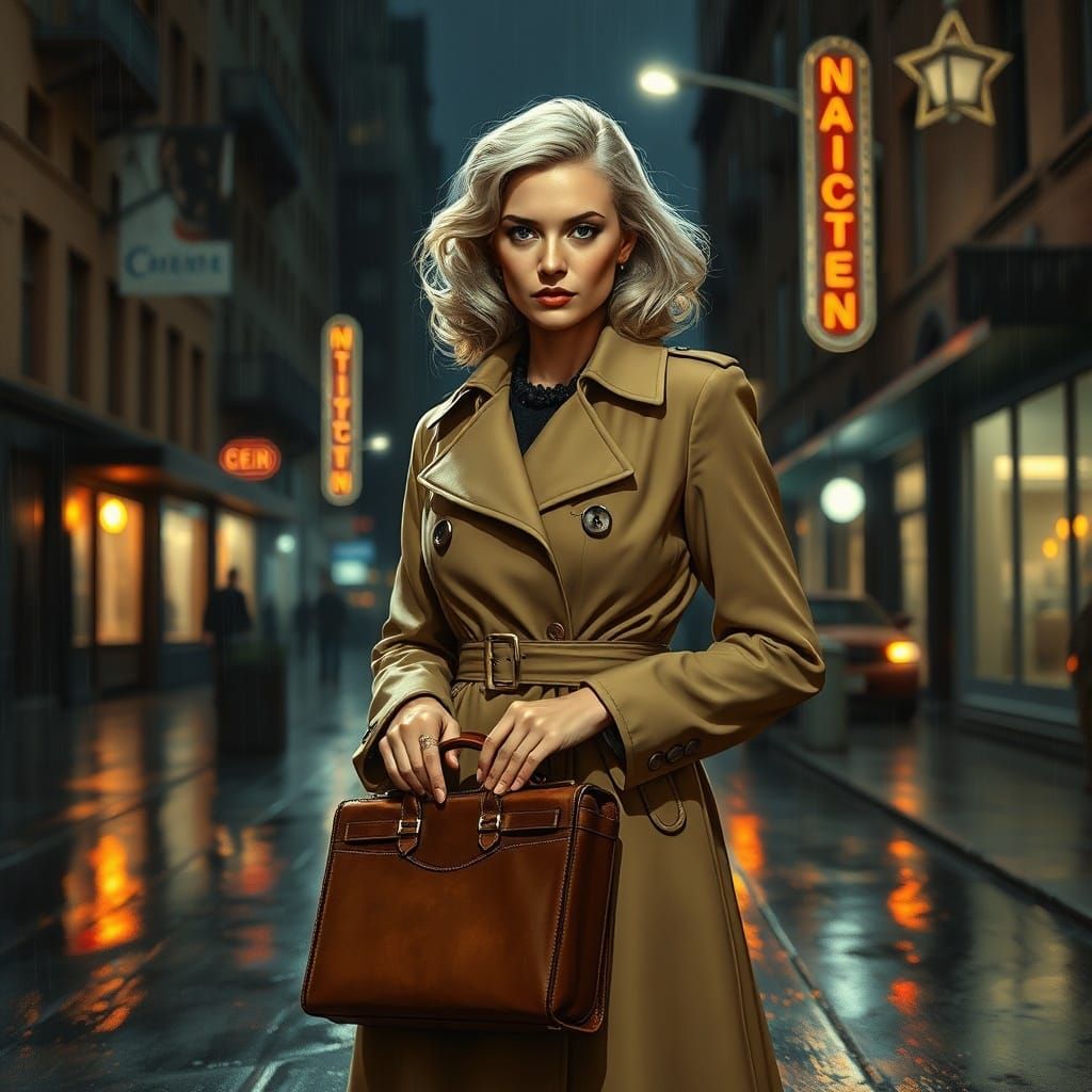 Film Noir Woman in 1940s Trench Coat on Neon Street