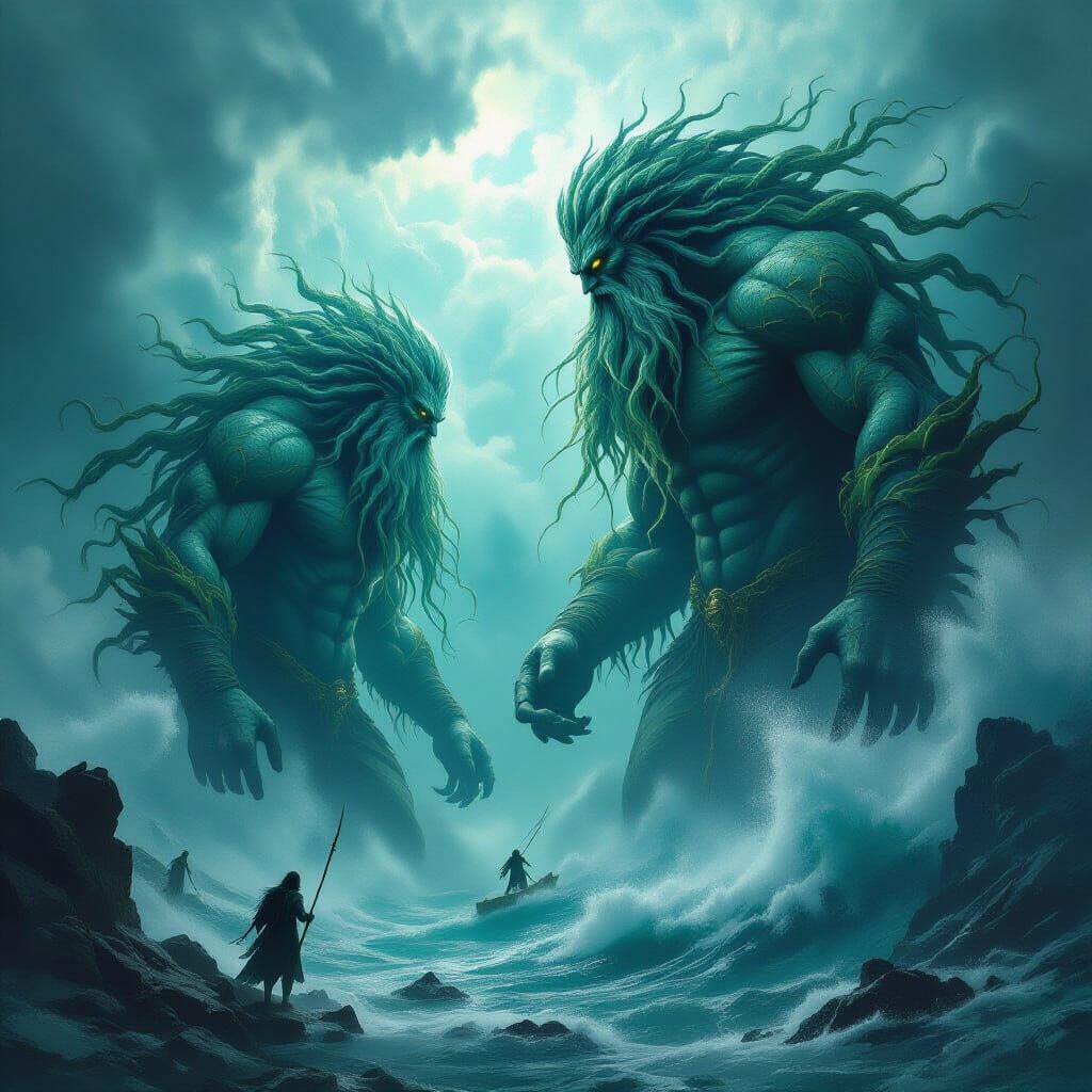 Aquatic Giants Clash with Gods in Stormy Seas