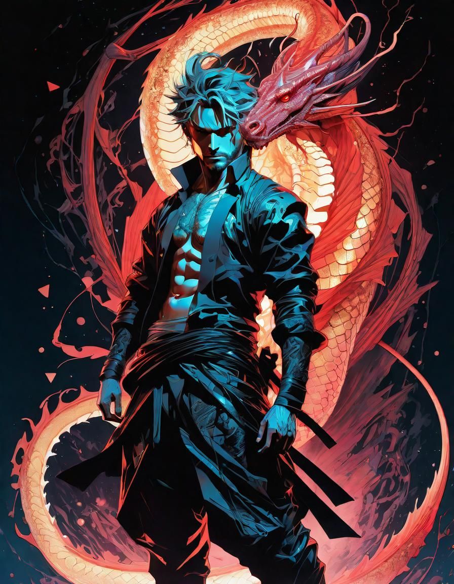 Enigmatic Figure Surrounded by Dragon in Anime Style