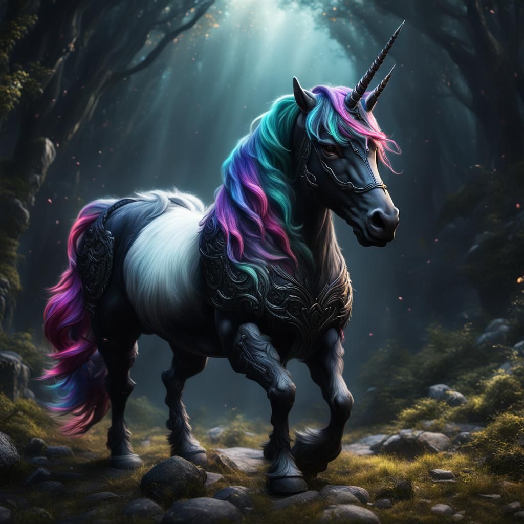 Fantastical Black Unicorn: Detailed Matte Painting
