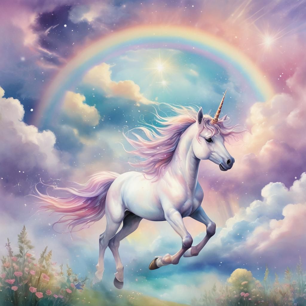 Dreamy Watercolor Unicorn in a Pastel Sky