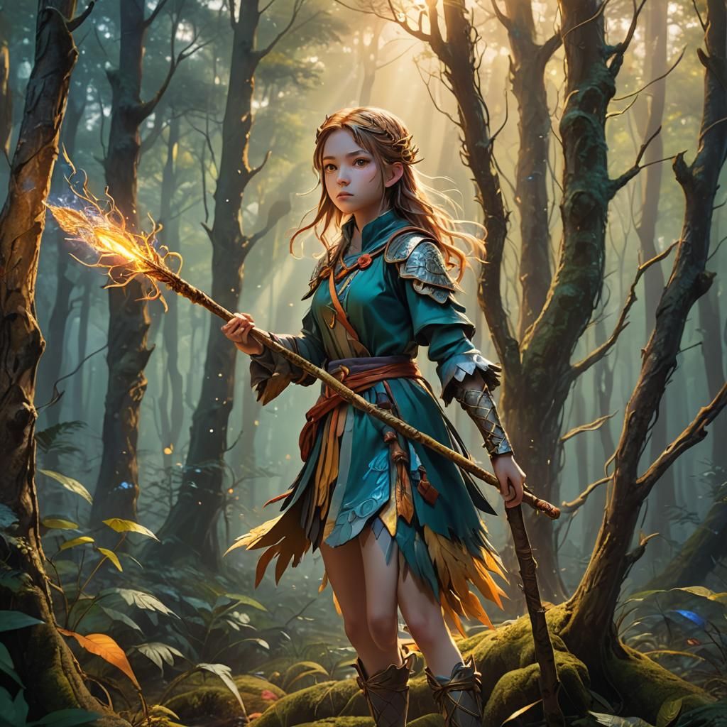 Mystical Anime Girl with Elemental Powers in Forest