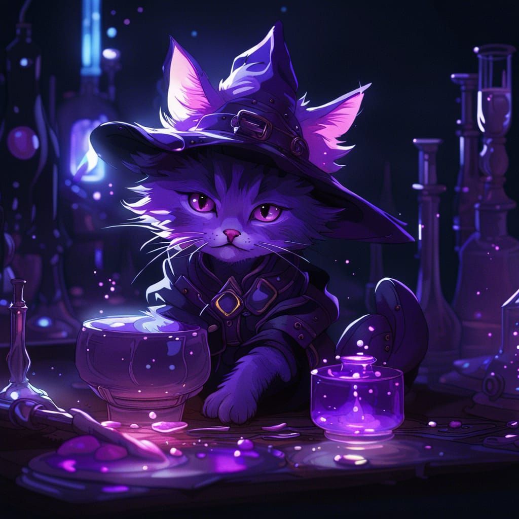 Kitten Alchemist in Bioluminescent Laboratory