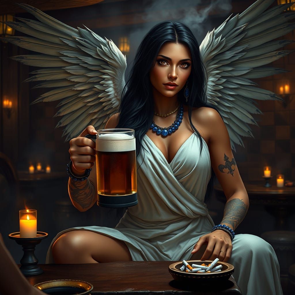 Surreal Goddess Sits in Dark Tavern, Surrounded by Drinkers....