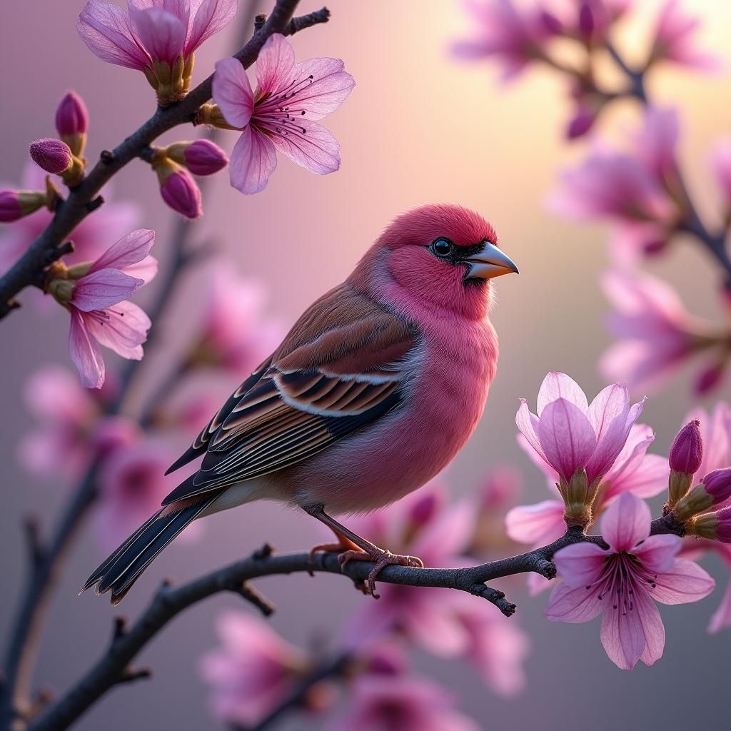 Purple Finch in Sunlight with Flowering Branches