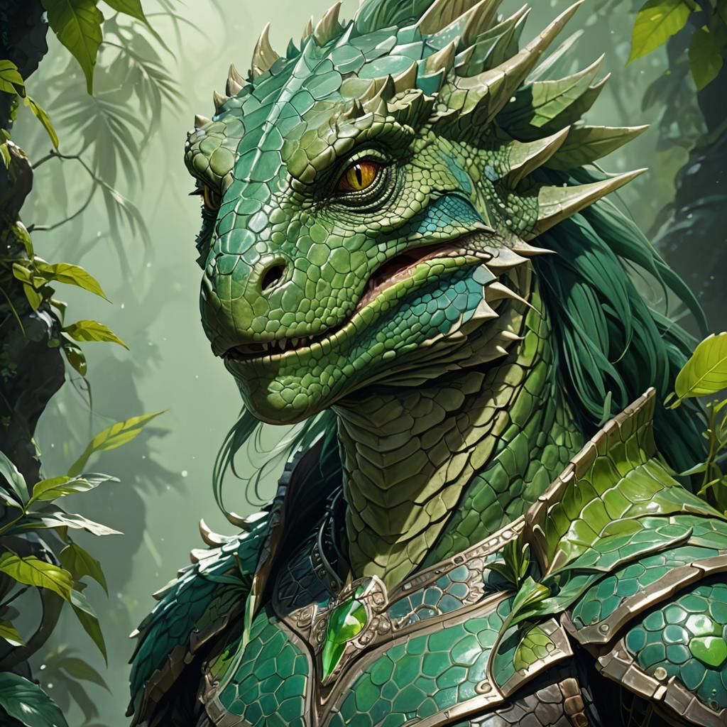Fantasy Lizardfolk Portrait in Art Nouveau Style