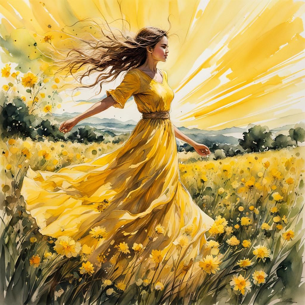 Woman in Yellow Dress in Sunlit Flower Field