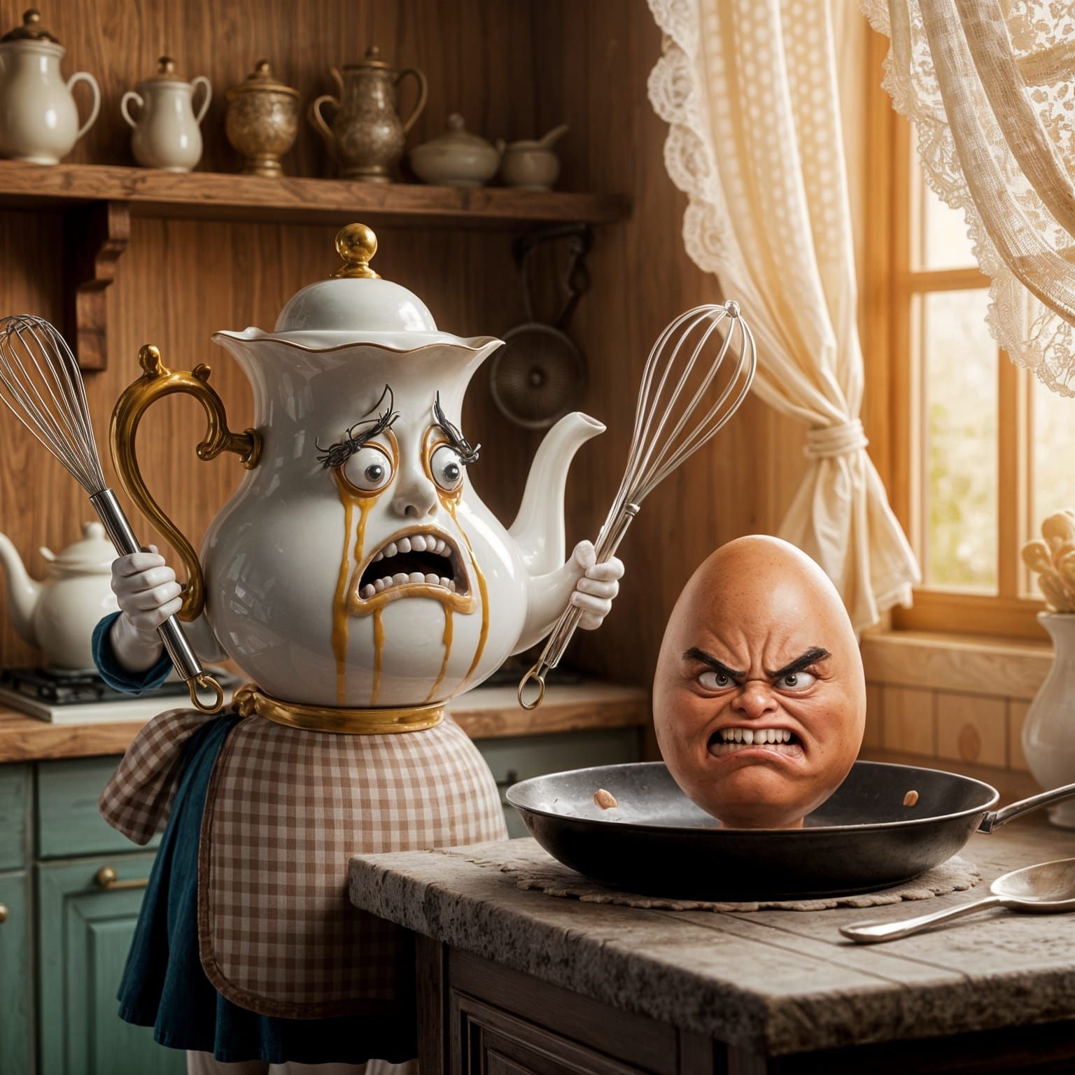 Terrified Teapot Confronts Angry Egg: A Digital Art Piece