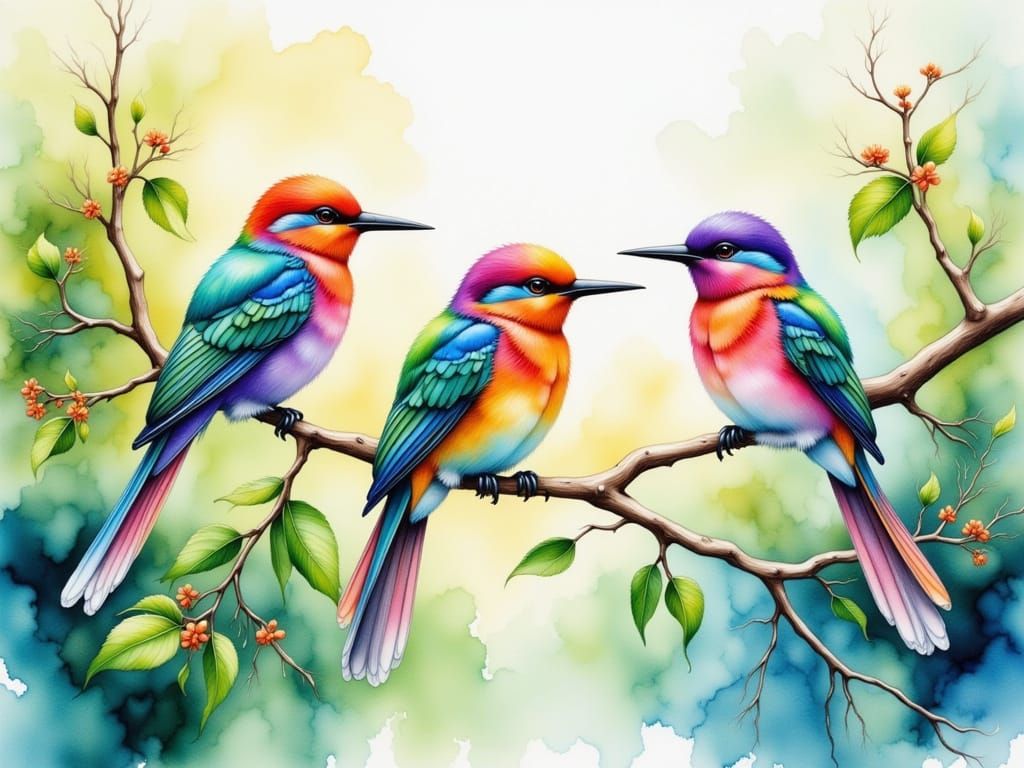 Vibrant Birds on Branch in Watercolor Style
