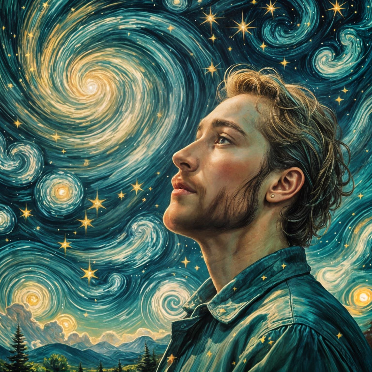 Ethereal Turquoise Starry Sky in Impressionistic Style