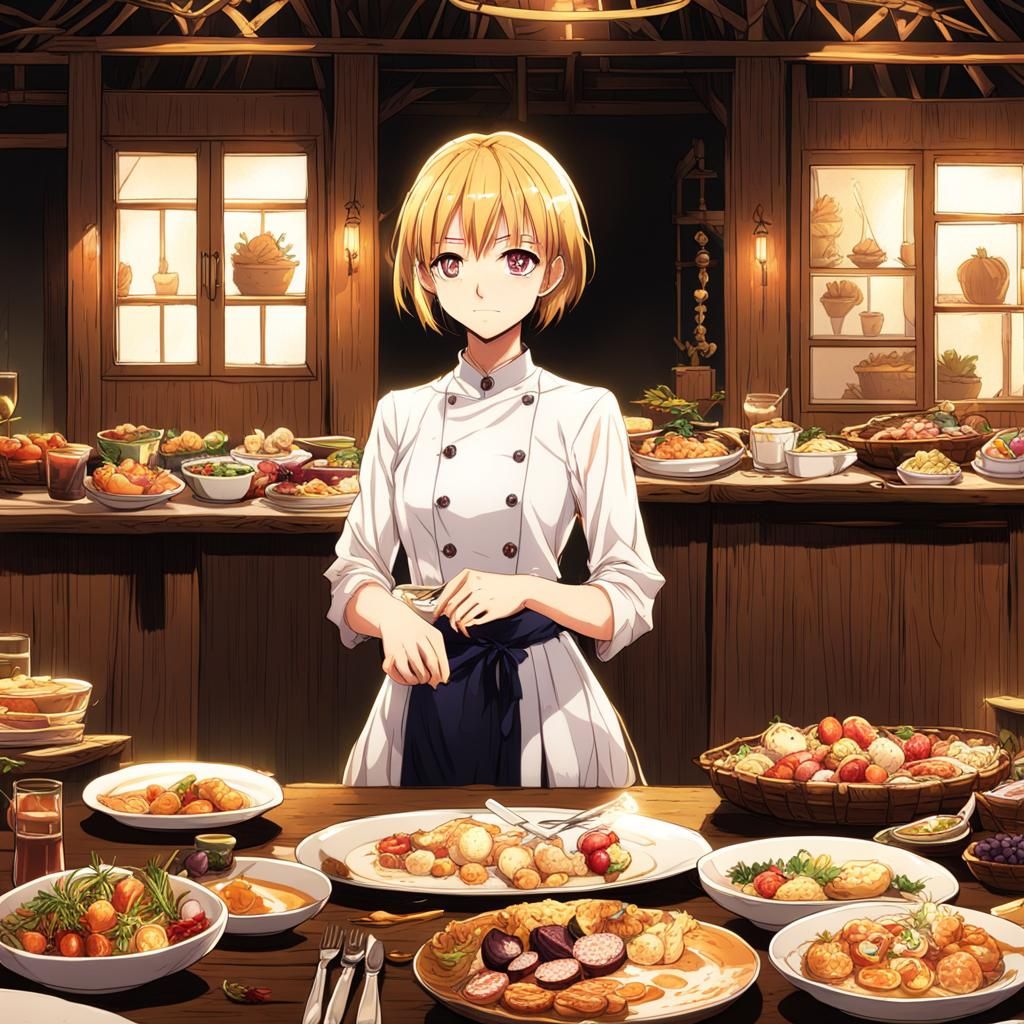 Girl with Feast in Anime Key Visual Style