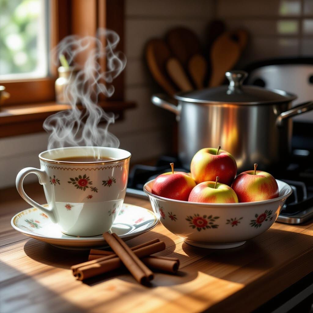 Harvest Comfort: Steaming Mug, Apples, and Cinnamon