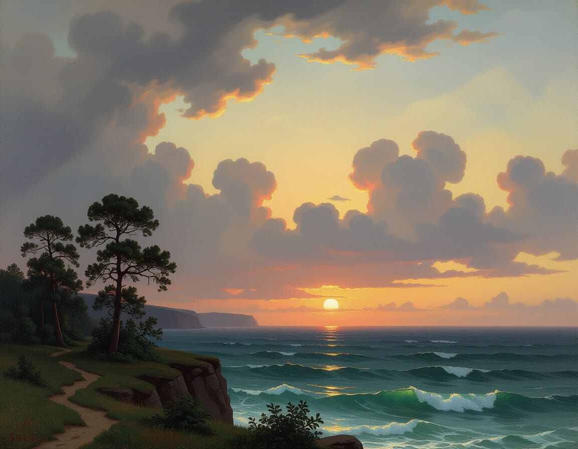 Tonalist Sunset Landscape with Silhouetted Trees