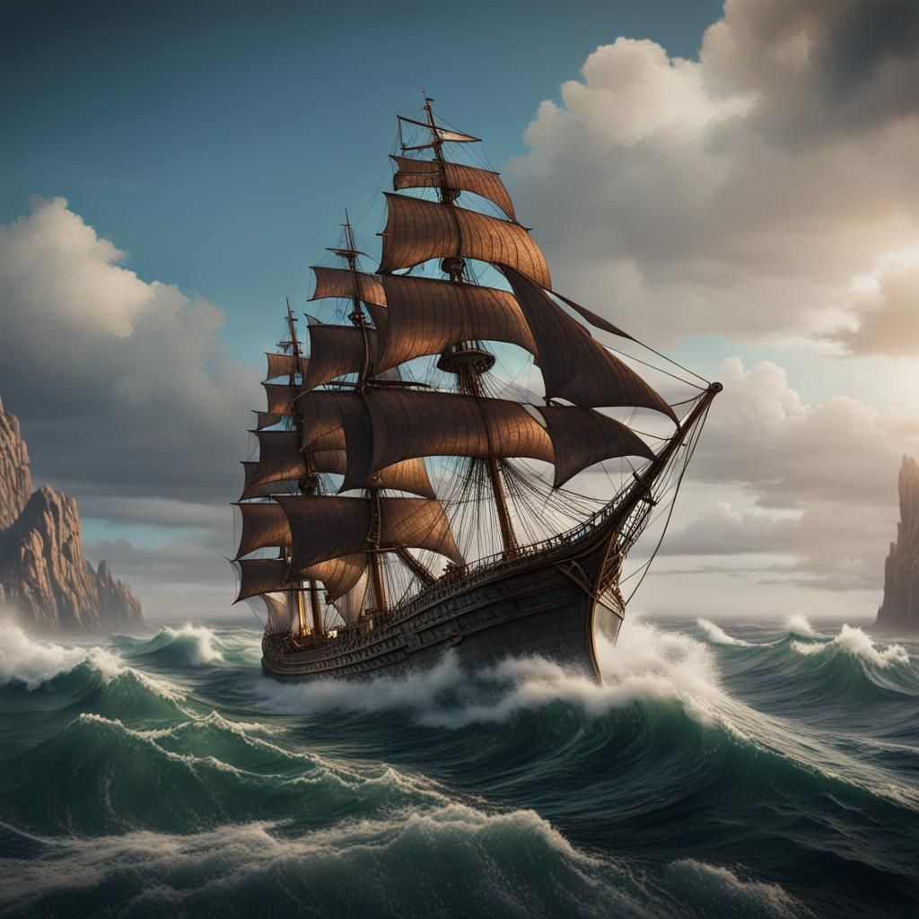 Vintage Ship Sailing on Rough Seas