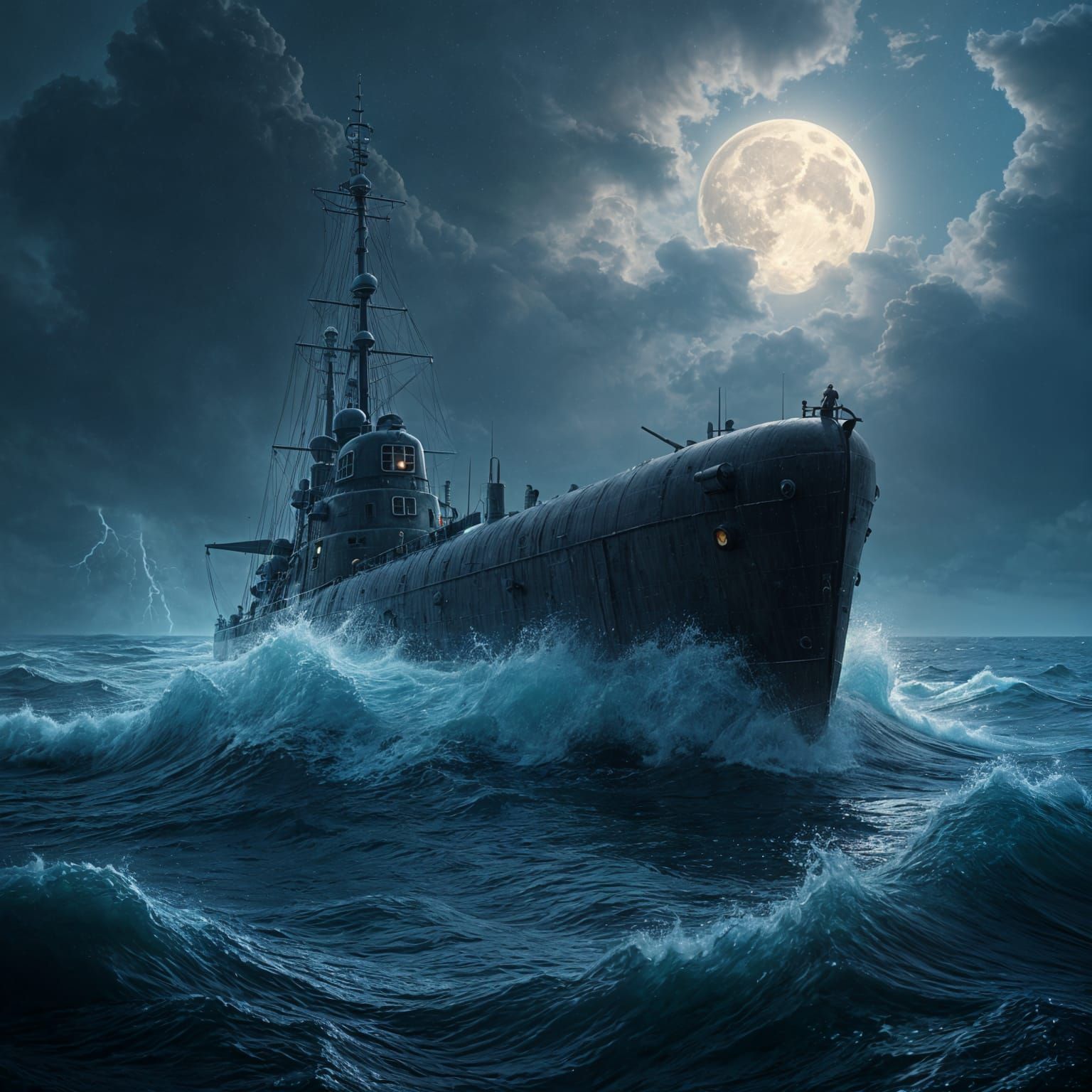 WW2 Submarine Battles a Turbulent, Moonlit Stormy Night