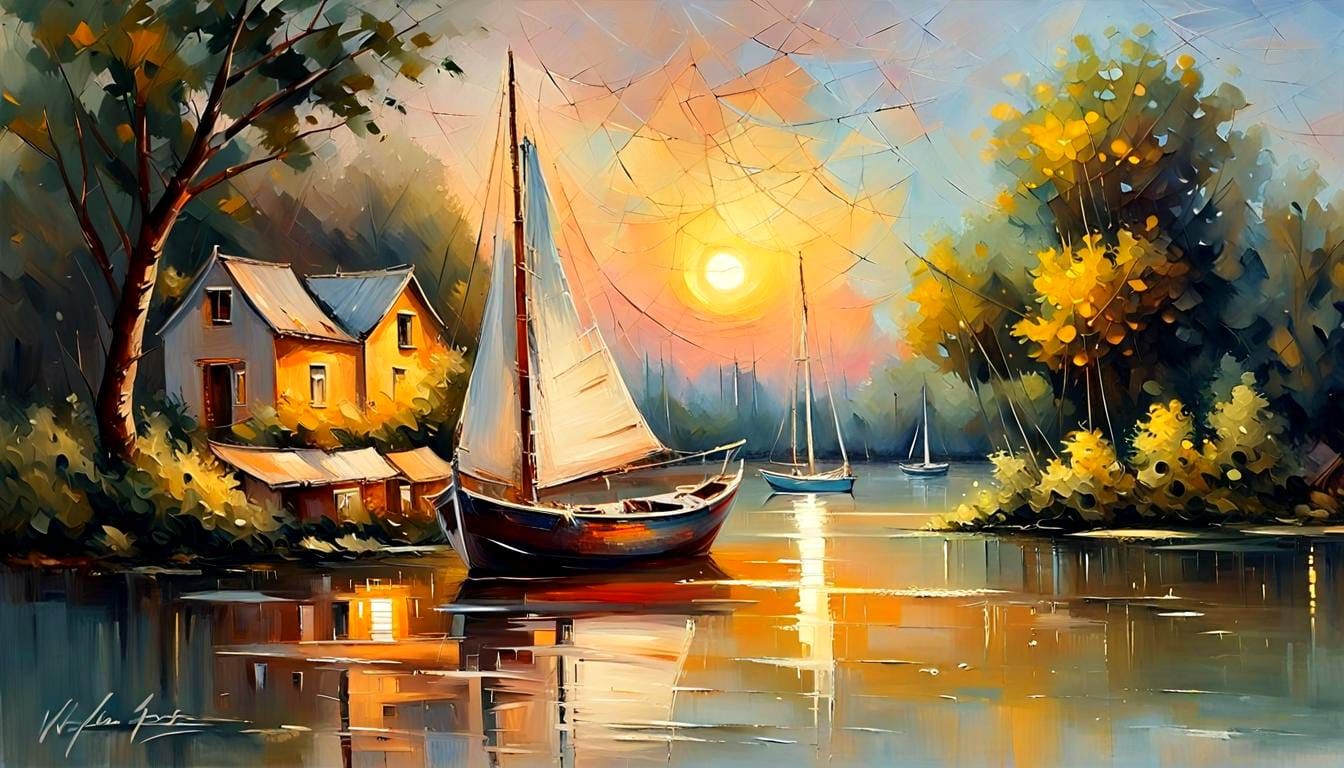 Idyllic River Scene with Rustic Sailboat and Lush Forest