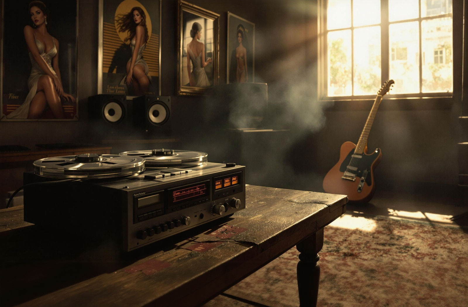 An old reel to reel tape deck in a dusty recording studio sits upright on a table in foreground. The room is darkly lit ...