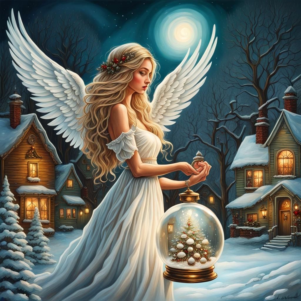 Christmas Angel with Snow Globe in Marker Art Style