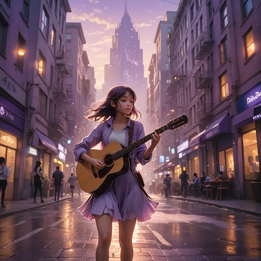 Anime Girl Plays Guitar in Lilac Cityscape