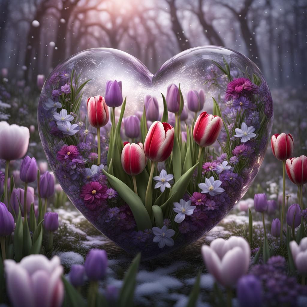 Sparkling Tulips and Snowdrops in Heart Glass