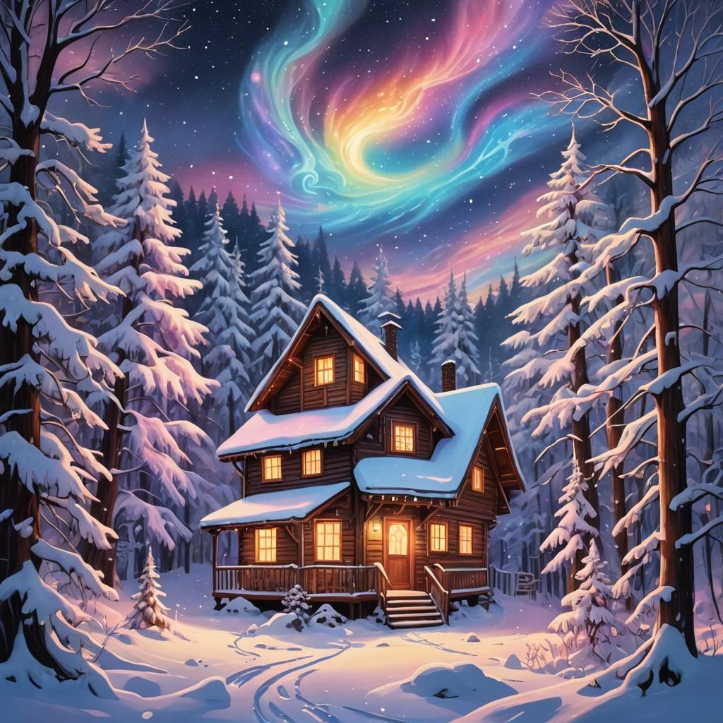 Cosmic Winter Cabin in Astral Holographic Style