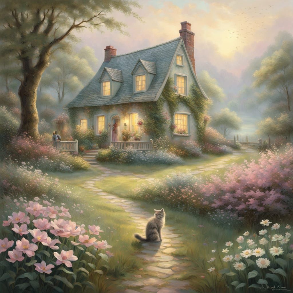 Whimsical Normandy Cottage Scene in Soft, Dreamy Light