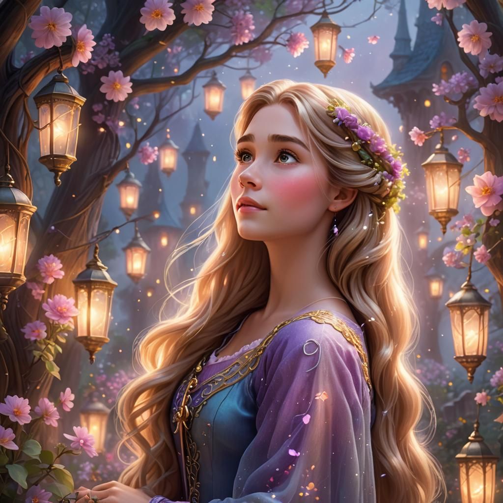 Rapunzel in Misty Garden with Glowing Lanterns