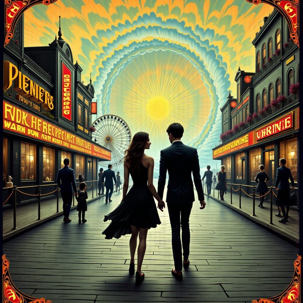 Couple on Boardwalk with Art Nouveau Elements