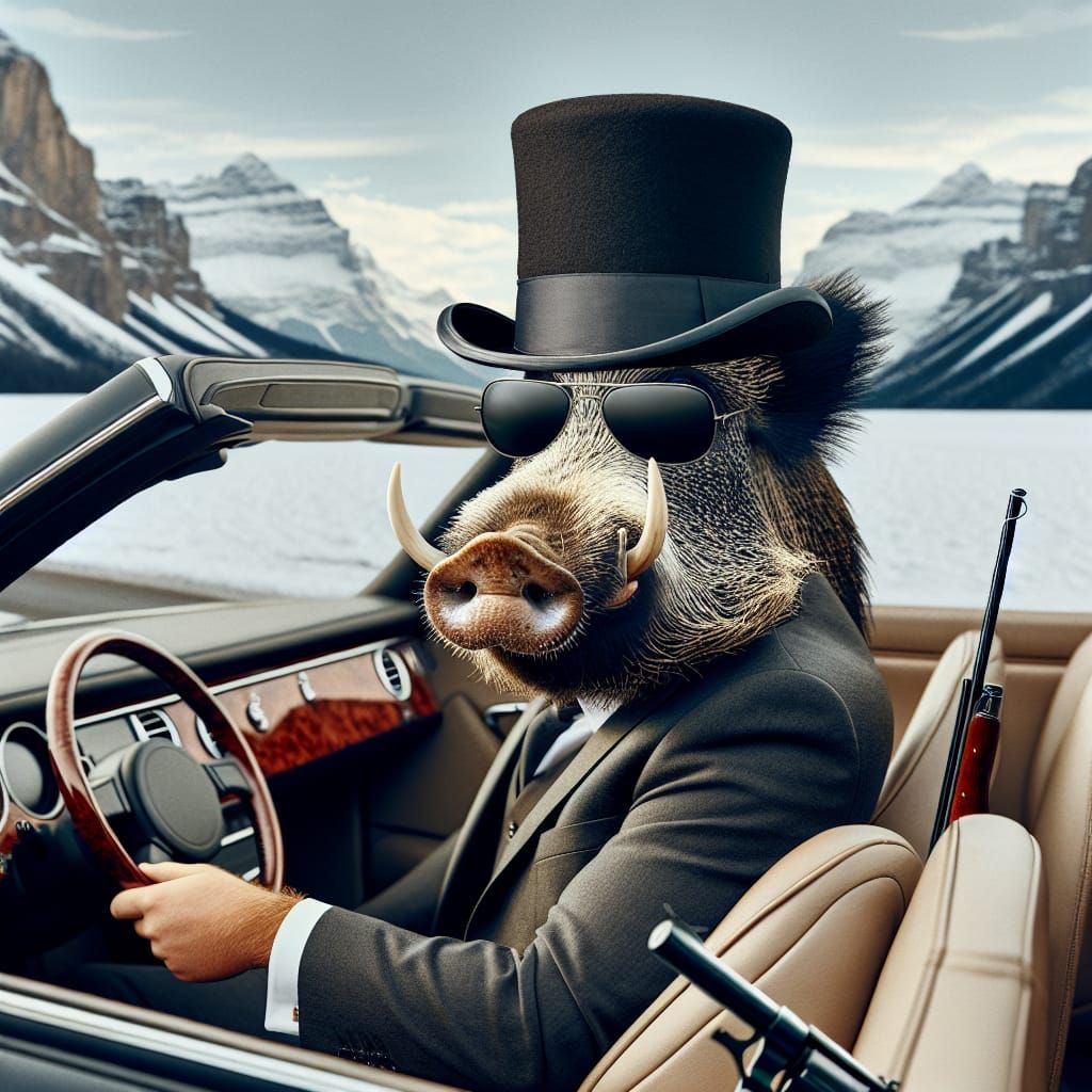 Boar in Top Hat Drives Car Through Mountains