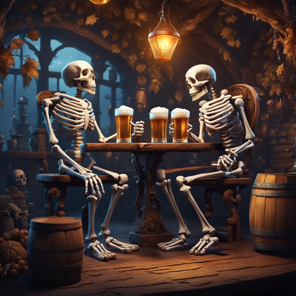 Skeletons Drinking and Catching Beer: Fantasy Concept Art