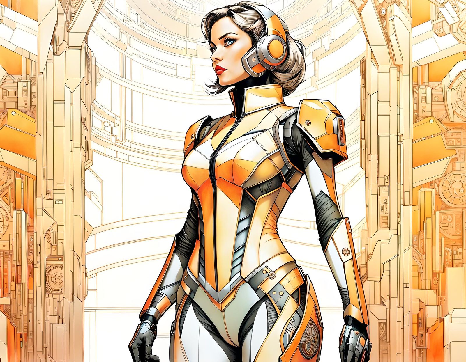 Detailed Schematic of a Beautiful Evil Cyborg in CAD Style