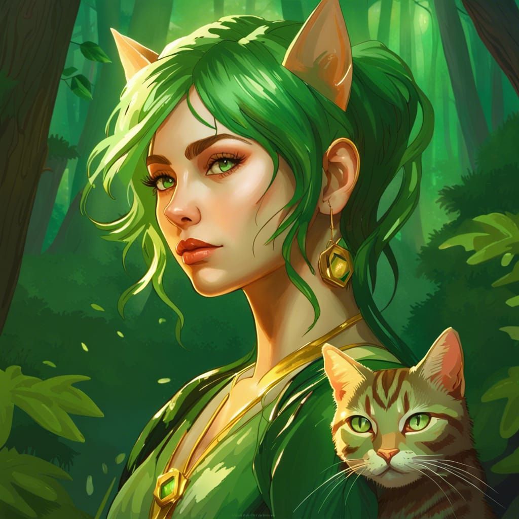 Green Girl Portrait in Hyperdetailed Art Nouveau Style