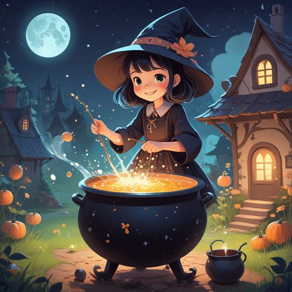 Anime Witch Brews Moonlight and Laughter with Sprites