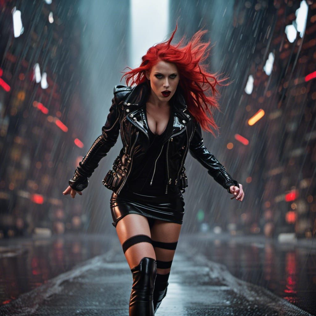 Woman Dancing in Rain with Shocking Red Hair
