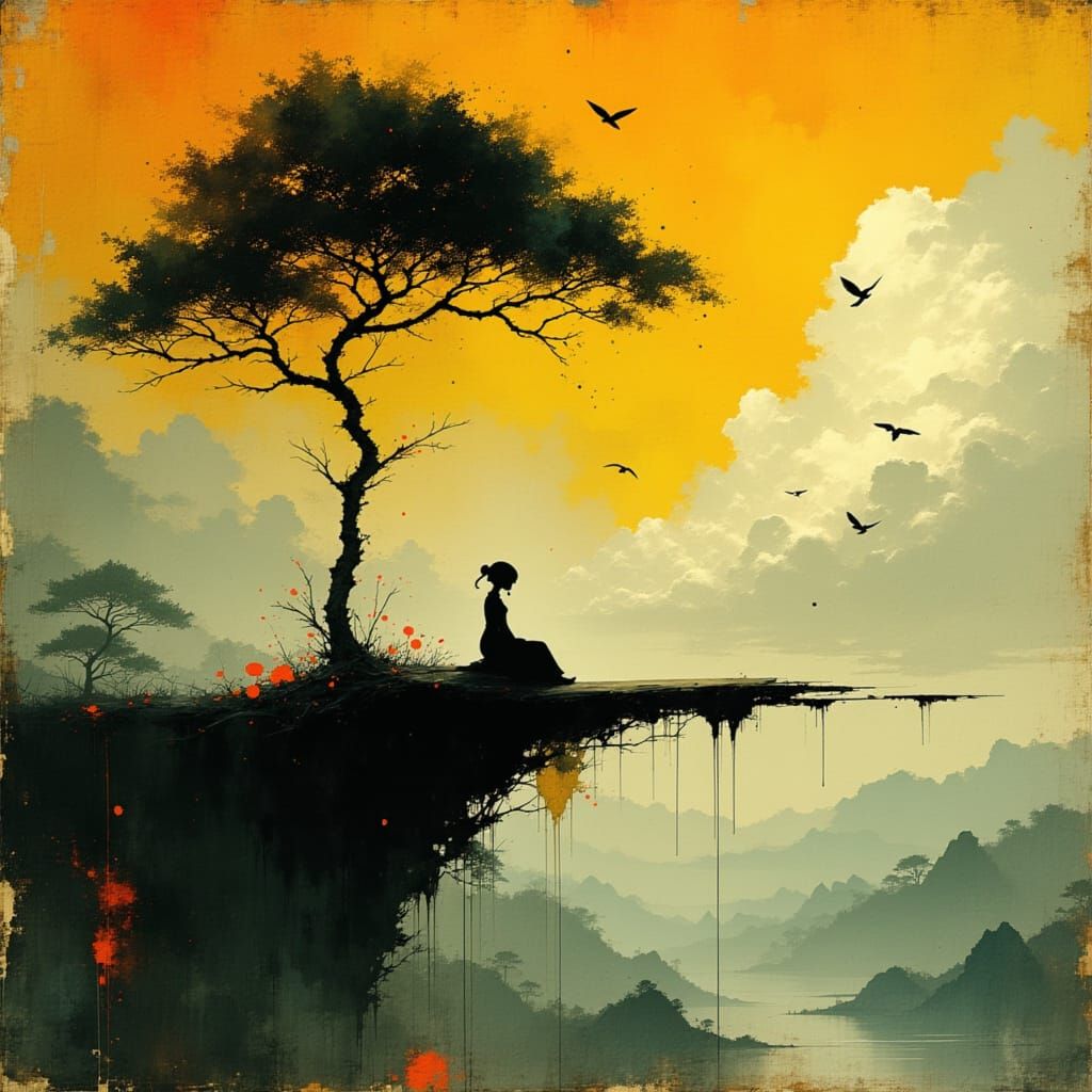 Lonely Girl in a Dreamlike Landscape