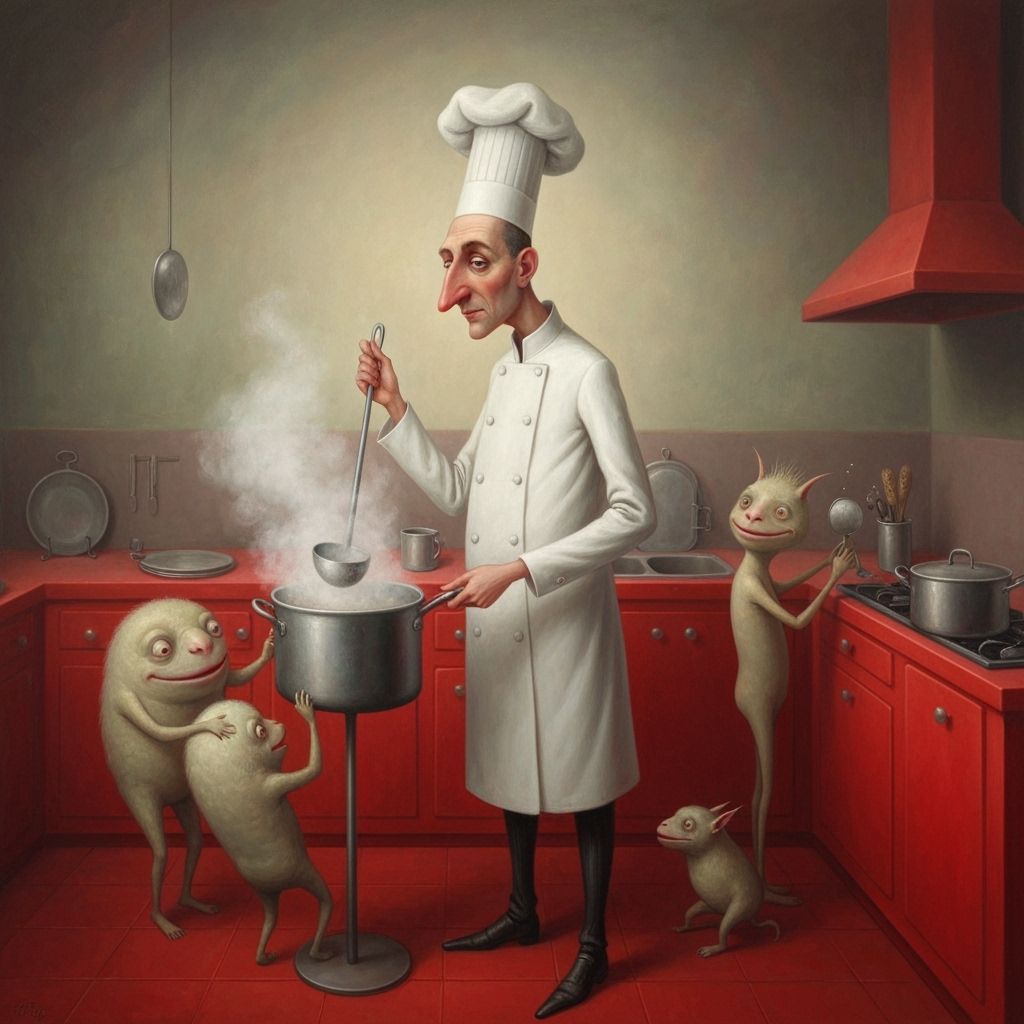 Surreal Chef with Creatures in a Whimsical Kitchen Painting